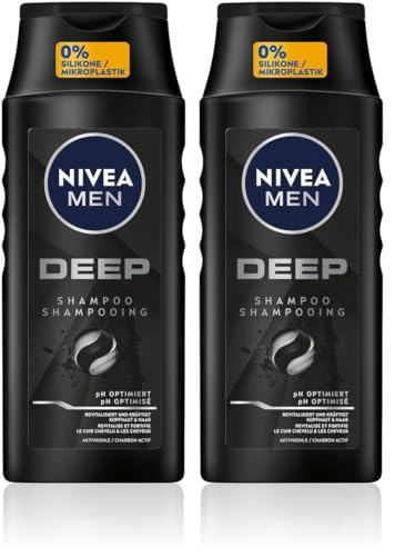 NIVEA MEN Deep Champú para hombres, contra el cabello graso con carbón activado, revitalizante para una sensación de frescura duradera, champú vegano para limpieza profunda (250 ml) (Paquete de 2)