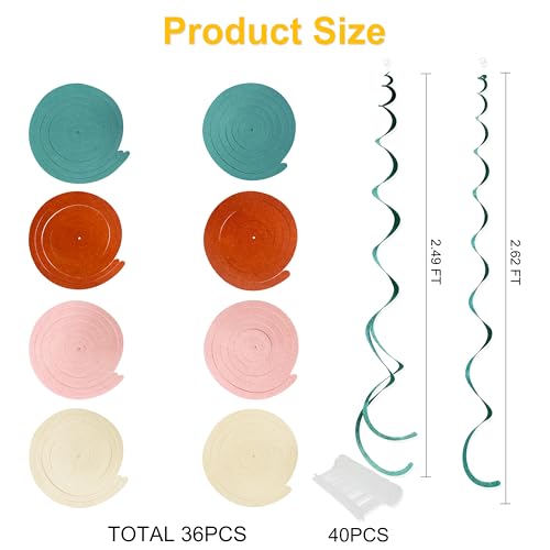 Image of 36 Pcs Boho Hanging Swirl Decorations Aqua Green Orange Pink Beige Felt Swirl Streamer Spiral Ceiling Garland for Birthday Engagement Wedding Bridal Shower Party Decor Supplies