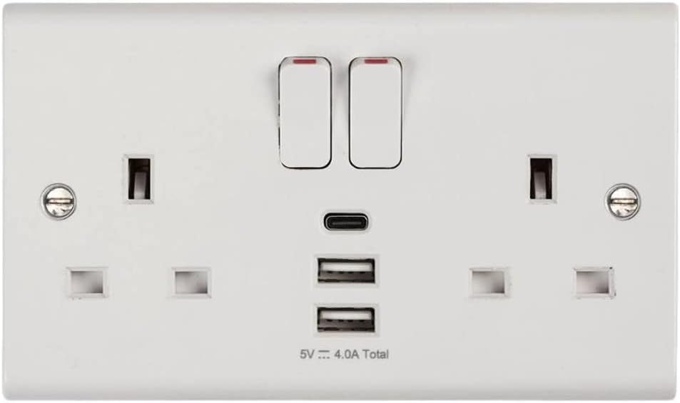 Deta S1288 Slimline 13A 2 Gang Switched Socket with 3 USB Ports (1 x Type C + 2 x Type A, 4.0A)