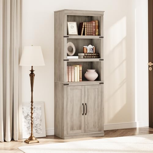 GAOMON Farmhouse Bookcases with Doors, 5 Tier Bookshelf with Storage, 70 inch Tall Bookshelf and Bookcase, Wooden Storage Cabinet for Living Room, Home, Office, Bedroom (Grey)
