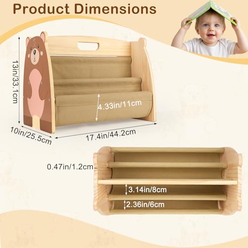 Image of Toddler Bookshelf Double-Sided with 4 Tier Deep Sleeves Kids Wooden Montessori Book Rack for Baby Nursery Room, Playroom, Classroom or Bedroom Bookcase Storage Organizer, Brown Bear