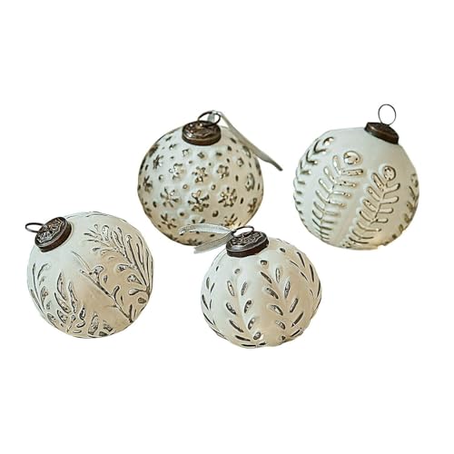 Loberon Weihnachtsschmuck 4er Set Consac, Mundgeblasen, Unterschiedliche Prägemotive, Nostalgische Anmutung, Weihnachten, Christbaumschmuck, Glas, Messing, weiß/Silber