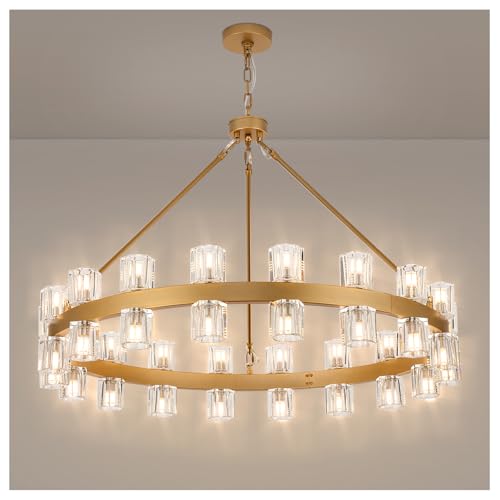 MeiYDeng 36 Inch Gold Wagon Wheel Chandelier with 36 Lights Crystal Shade Modern Farmhouse Round High Ceilings Pendant Light Fixture for Living/Dining Room Kitchen Bedroom Foyer