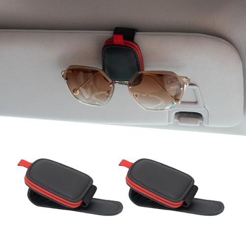 Yuoyar 2 Packs Sunglasses Holders for Car Visor - Magnetic Leather Sunglasses Holder and Ticket Card Clip - Car Visor Accessories (Black-red)