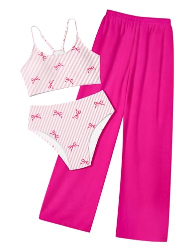 Image of NECIOUS Girls Swimsuit, 3 Piece Bikini Bathing Suit Tropical Floral Swimwear with Cover Up Pants 7-16Y