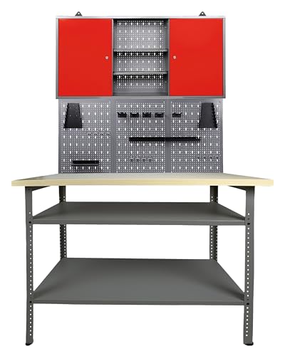 Ondis24 Werkstatteinrichtung 120 cm Werkbank Nobbi, Metall, Lochwand mit Hakensortiment, 1 Werkstattschrank (Arbeitshöhe 85 cm, Rot)