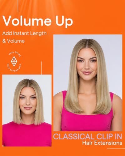 Image of Full Shine Clip in Human Hair Extensions Ombre, 20 Inch | Light Brown to Butter Blonde Mix Platinum Blonde, Balayage Real Human Hair Clip in Extensions, 120g 7 Pcs