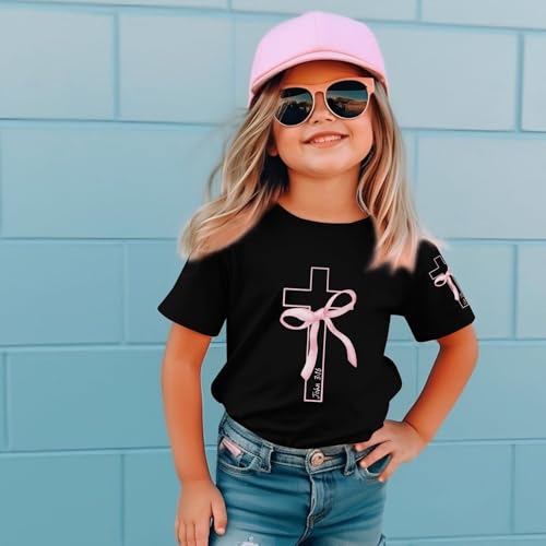 Image of Girls Cute Christian Shirts Kids Pink Bow Shirt Jesus God Faith Tshirts Aesthetic Cross Bible Verse Graphic Tee Tops