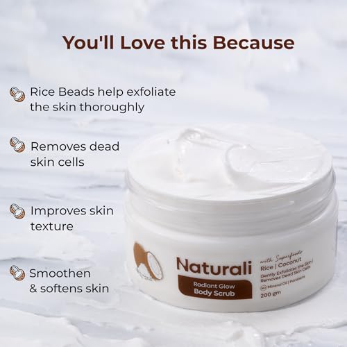 Image of Naturali Radiant Glow Body Scrub With Rice & Coconut | Improves Skin Texture | Smoothens & Softens Skin | Paraben & Mineral Oil Free | 200g