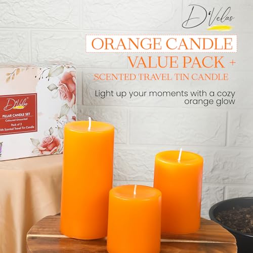Image of D'Velas Pack of 3 Unscented Orange Pillar Candles | Burn Time 50 /65 /80 Hours | Bonus 3oz Scented Travel Tin | Long-Lasting Paraffin Wax Candles for Home Decor, Festive Use & Events