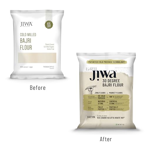 Image of Jiwa 30 Degree Bajri Flour /Atta | Patented Cold Pressed Flour | Slow Ground | Puffed Soft Rotis | Pearl Millet Flour | Gluten Free | 100% Bajra | 1 Kg (Pack of 2)