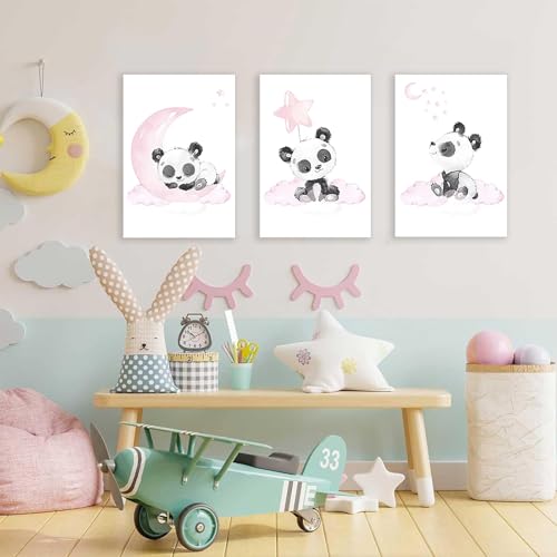 Tableau panda rose lune deco pépinière pour éveiller les nuits de bébé