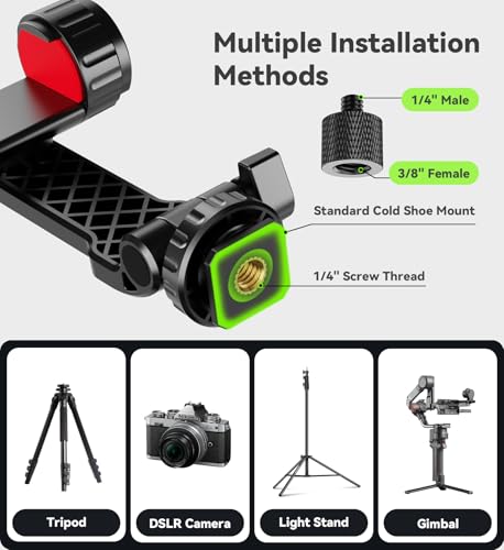 YZNT Handyhalterung für Stativ, Universeller Stativ Handyhalterung mit 2 Standard-Kaltschuhe und 1/4-Zoll-Standardschraube, 360° Drehbar & 180° Neigung, Kompatibel mit iPhone, Android & Kamera