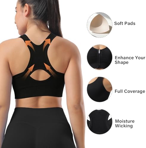 Senlinyoga Sports Bras for Women Zip Front Sports Bra Racerback Workout Bras Wirefree Padded Athletic Bras Black — view 3