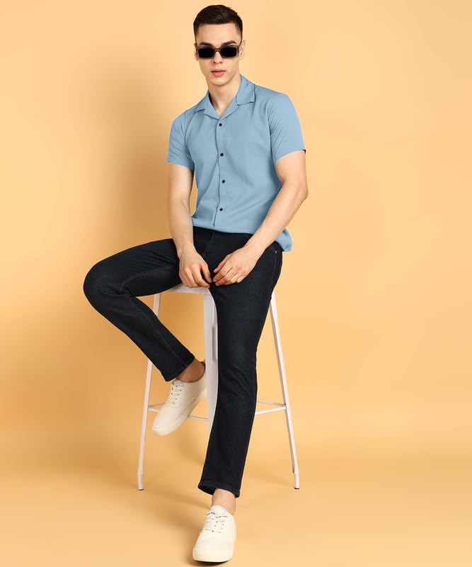 Image of COMBRAIDED Men's Solid Cotton Blend Half Sleeve Shirt - Regular Fit Casual Button-Down Shirt for Office & Travel - Summer & Spring