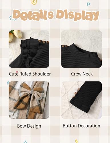 Image of Girls Clothes 2 Piece Ruffle Long Sleeve Shirt Top and Bow Plaid Skirt Set Girls Fall Winter Outfits 6-16 Years