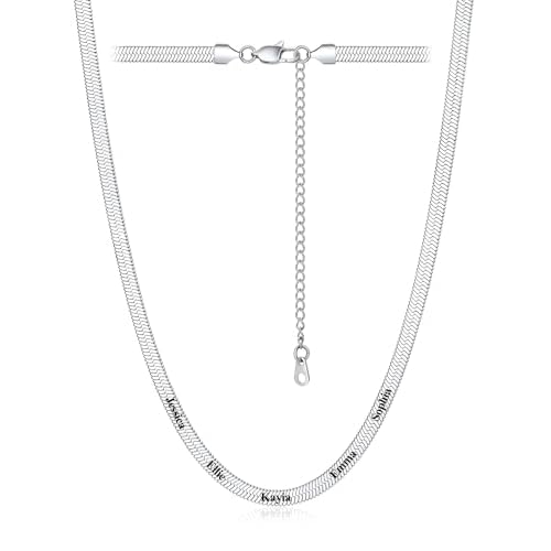 Custom4U Personalized Herringbone Necklace for Women 14K Gold Plated Choker Necklace Stainless Steel Snake Chain Custom Engraved 1-5 Names Adjustable