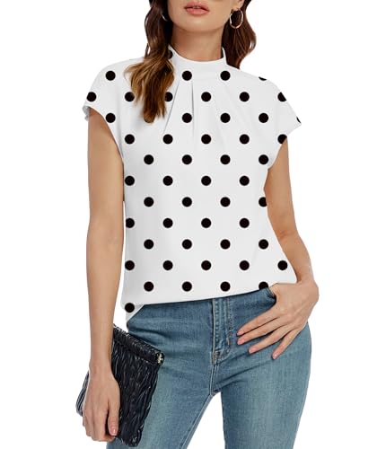 Image of Funlingo Womens Summer Tops Mock Neck Short Cap Sleeve Blouses Business Casual Work Chiffon Shirts Front Pleated Tunic Top