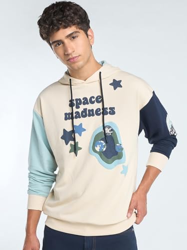Image of Bewakoof Men's Printed Oversized Fit Full Sleeve Cotton Poly Hoodies