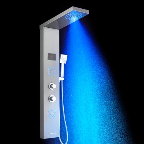 POPFLY Shower Panel Tower with LED Mist Shower Rainfall Head & 2 Body Jets with LED, Tub Spout and Temperature Display, No Battery Needed Shower Tower Column System, Brushed
