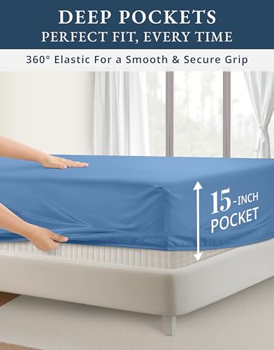 Image of LANE LINEN Cooling Sheets Queen 100% Egyptian Cotton Sateen - Blue Jasper