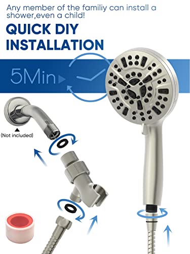 Pavezo® High Pressure Shower Head Handheld 5" Large, 10-mode Portable Detachable Shower Head with Hard Water Filter, Extra Long 60" SS Hose, Anti-clog & Powerful to Clean Tile & Pets, Brushed Nickel