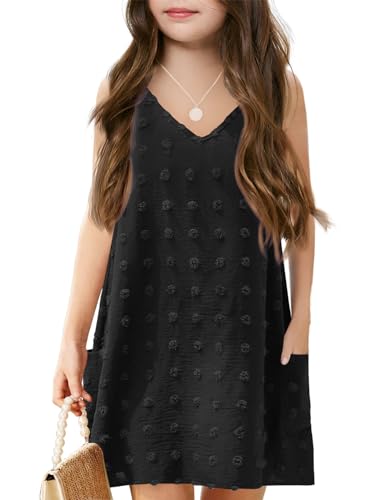 Image of Batermoon Girls Swim Cover Up V Neck Swiss Polka Dot Summer Beach Dress | Kids Cover-Ups, Sleeveless Vacation Swimwuits, Boho Cute Dresses with Pockets 4-14 Years
