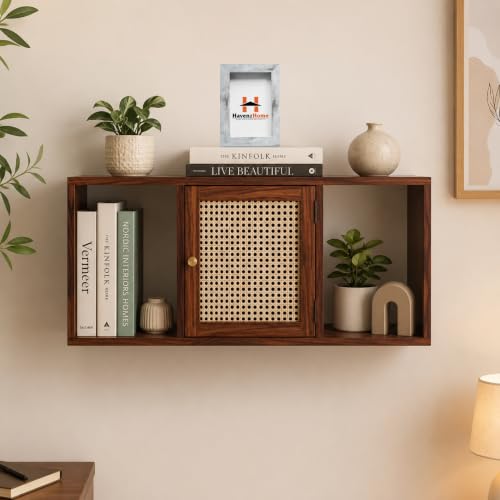 Image of Solid Sheesham Wooden Wall Shelves with Rattan Cane, Sheesham Wall Mount Shelf, Honey Dark