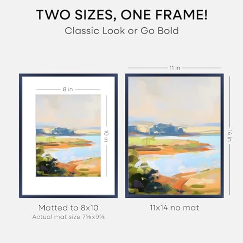 Image of Homeforia 11x14 Picture Frame Navy Blue, High End Metal 11x14 Wall Hanging Frame with Mat 8x10, 11 x 14 Poster Frame Matted to 8 x 10 inch Photo, 11by14 Thin Frames, Tempered Glass, Wall Kit, Set of 2