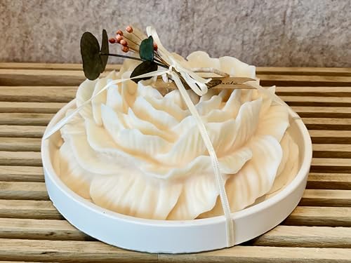 Grande bougie rose, taille XXL, coulée à la main, blanc crème, (grande bougie rose, avec assiette)