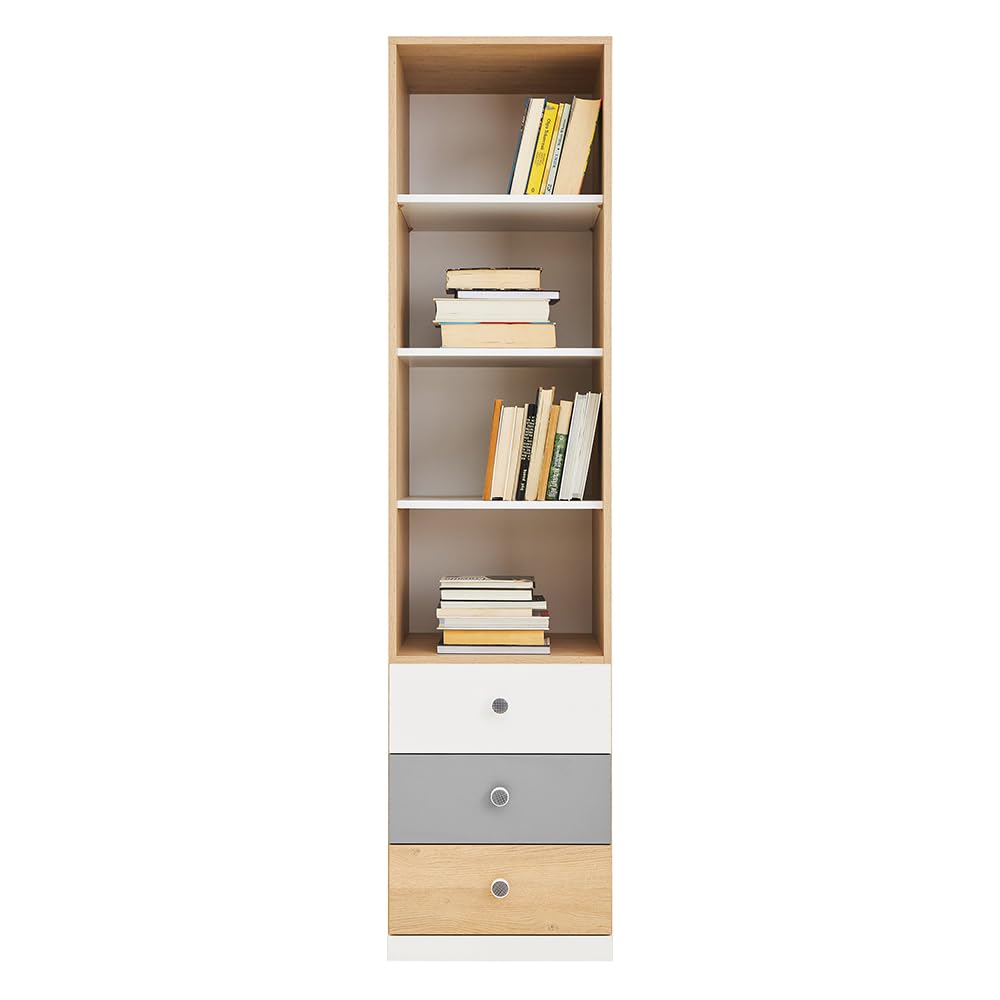 Lomadox Kinderzimmer Jugendzimmer Set in Eiche mit weiß und grau, 4-teilig, Schreibtisch, Wandboard, Standregal, Kleiderschrank