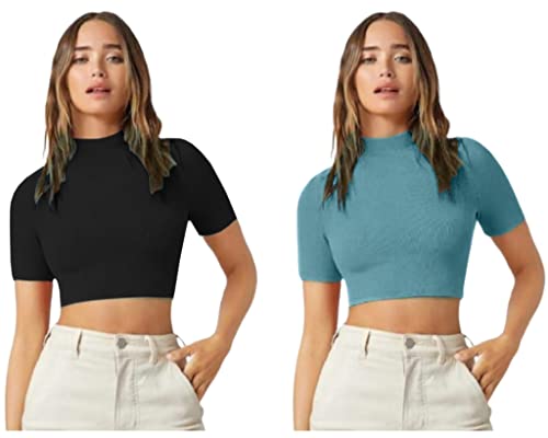 Image of Dream Beauty Fashion Women's Combo Casual High Neck Short Sleeves Stylish Crop Top - Pack of 2-17 inch inches