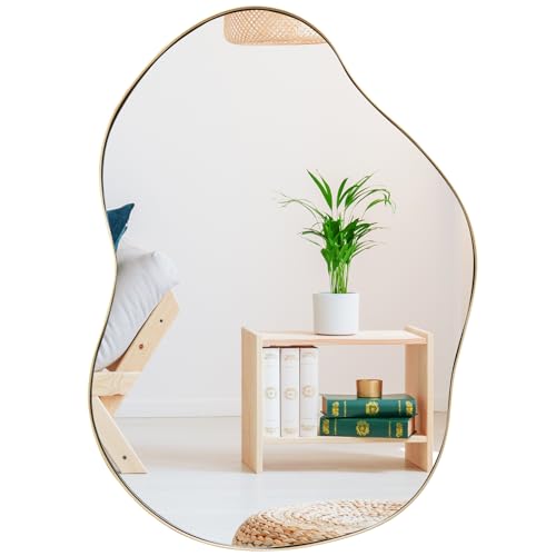 FANTASK Espejo de Pared asimétrico, Espejo Colgante Irregular con Marco Dorado, Espejo de Maquillaje Moderno Decorativo para Pasillo, baño, Dormitorio, 78 x 56 cm, Dorado