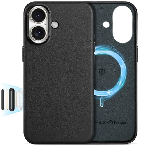 SHIELDON Genuine Leather Case for iPhone 17 6.3 Inch 2025 | Compatible with Magsafe, Camera Button Updated, Slim Magnetic Wireless Charging, Anti-Scratch, Shockproof, Protective Phone Cover - Black