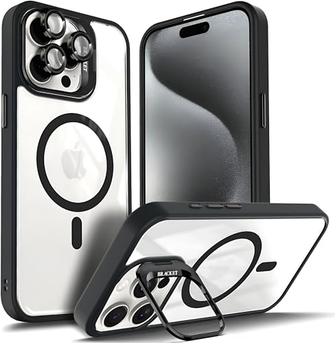Image of Dsynk Gear Case Compatible with iPhone 15 Pro, Black | Magnetic Compatible with MagSafe | Built-in Stand & Camera Lens Protector | Anti-Yellowing & Scratch-Resistant Crystal Clear Back Cover