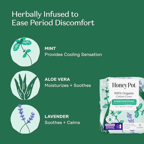 Image of The Honey Pot Company - Herbal Sanitary Pads for Women - Heavy Flow Overnight w /Wings - Infused w /Essential Oils for Cooling Effect & Organic Cotton Cover - Feminine Care - 11 ct