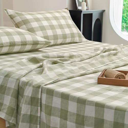 EVERLY Linen Sheets Set Queen Size,100% French Stonewash Pure Linen Sheets Set,4Pieces (1Flat Sheet,1Fitted Sheet,2Pillowcase) Suitable for Hot Sleepers,Deep Pocket Natural Bedding Set-Green Plaid