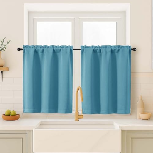 Image of Turquoise Blackout Curtains for Small Window Treatment, Light Blocking Short Kitchen Window Curtains Over Sink, Dual Rod Pocket Half Window Tiers for Bathroom Basement, 2x40Wx36L Inches