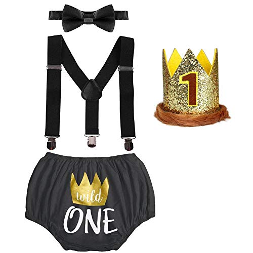 Wild One Bebé Niños Primer Traje de Cumpleaños Traje de León Pantalones Cortos Tirantes Elásticos Pajaritas Príncipe Corona Venda Set de 4 Piezas Sesión de Fotos Cake Smash Outfit Negro 6-12 Meses