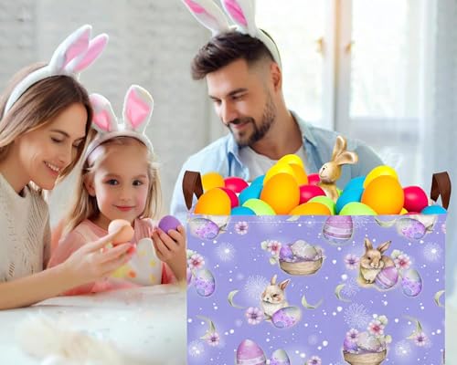 Image of Large Rectangular Easter Baskets Empty Waterproof Boy Toy Box Foldable Kid's Gifts Storage Bin Spring Room Decor(Purple Fireworks Rabbit Egg)