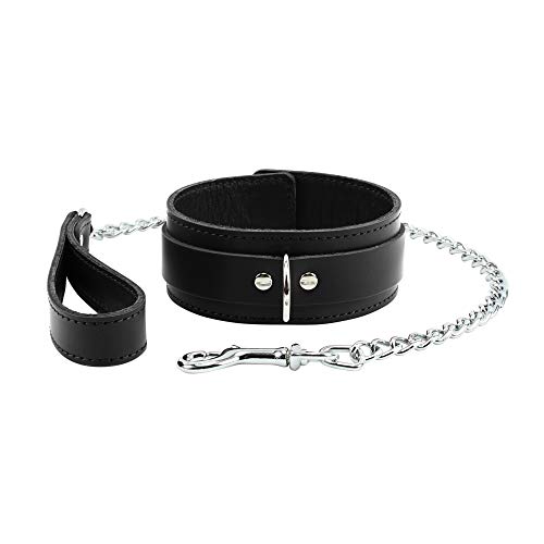 Atlanta Leather Collar Chain Leash Top Grain Leather Lambskin Handmade Collar Leash (Large, Black)