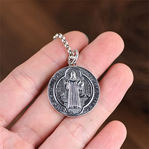 Saint Benedict Medal 925 Sterling Silver Cross Protection Pendant Round Coin Pendant Religious Catholic Protection Talisman Jewellery For Men Women Stainless Steel Pearl Chain 22+2Inch(60Cm) #TOP4