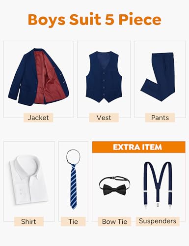 Image of Boys Navy Blue Suit 5 Pieces Slim Fit Kids Formal Tuxedo Suit Set for Wedding Ring Bearer, Easter, First Communion, Confirmation, Graduation Little Boys Size 4