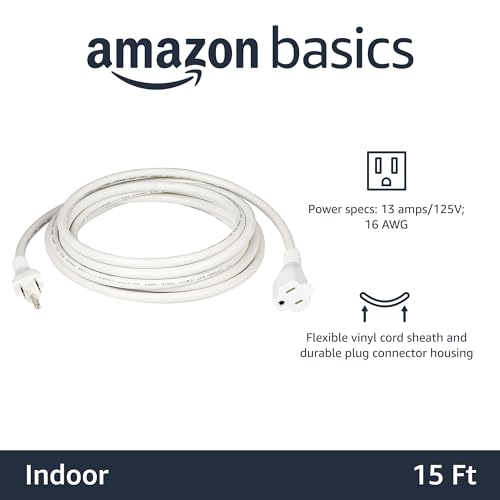 Image of Amazon Basics 3-Prong Extension Cord for Indoor Use, Outlet Extender, Indoor Power Extension Cord, 13 Amps, 125V, 15 Foot, White
