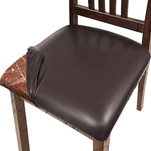 Image of Pu Leather Dining Chair Seat Covers Set of 8, Waterproof Kitchen Chair Covers Stretch Chair Cover for Kitchen /Dining Room /Hotel, Tasteless seat Covers for Chairs (Brown - 8 PCS)