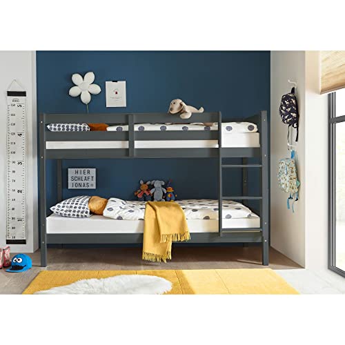 Stella Trading CASPER Modernes Hochbett mit Leiter und zwei Liegeflächen 90 x 200 cm - Platzsparendes Kinder Etagenbett teilmassiv Kiefer, Grau - 97 x 140 x 207 cm (B/H/T)
