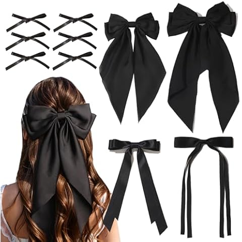 XFYUZR 10 PCS Silky Satin Bow Hair Clip,Hair Ribbon Bow Barrette and Metal Clips with Long Tails,Various Styles Hair Accessories for Women,Black Hair Bows Cover