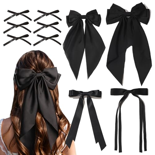 XFYUZR 10 PCS Silky Satin Bow Hair Clip,Hair Ribbon Bow Barrette and Metal Clips with Long Tails,Various Styles Hair Accessories for Women,Black Hair Bows