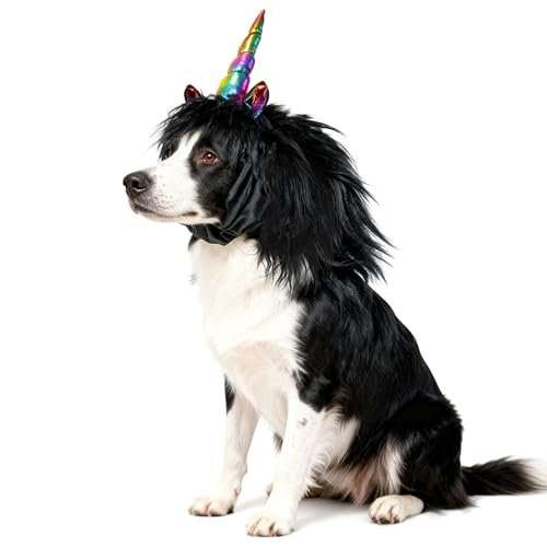 Onmygogo Funny Pet Reindeer Moose Costumes for Dog, Cute Furry Pet Wig for Halloween Christmas, Pet Clothing Accessories Unicorn-black Size L