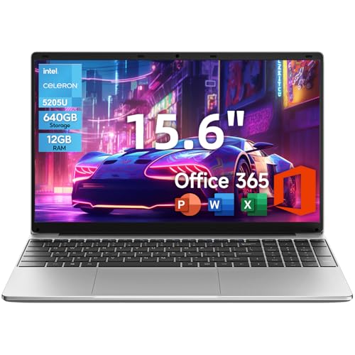 15.6 Inch Windows 11 Laptop, 5205U Processor, 12GB RAM 640GB Storage Expandable to 512GB, FHD Display with Numpad, Office 365 Pre-Installed, Wi-Fi 5 Bluetooth 4.2, Type-C for Student & Business